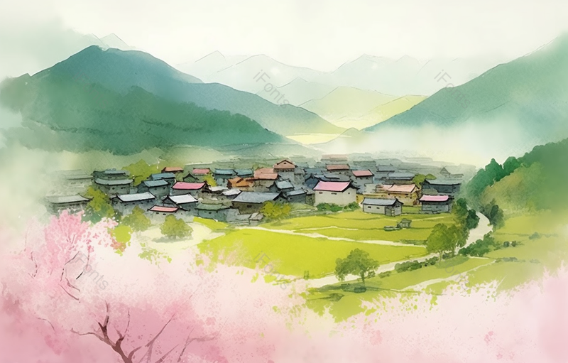 中国风绿色调村庄山脉树木风景图,插画/手绘图,插画/手绘图库,插画/手绘图下载,插画/手绘